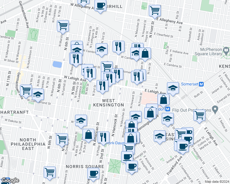 map of restaurants, bars, coffee shops, grocery stores, and more near 2648 North Palethorp Street in Philadelphia