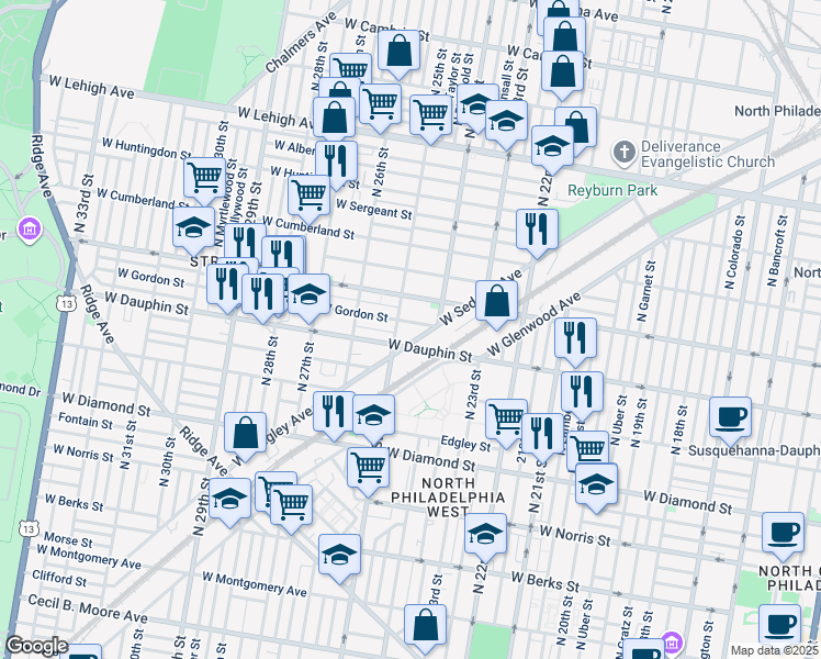 map of restaurants, bars, coffee shops, grocery stores, and more near 2434 West Gordon Street in Philadelphia