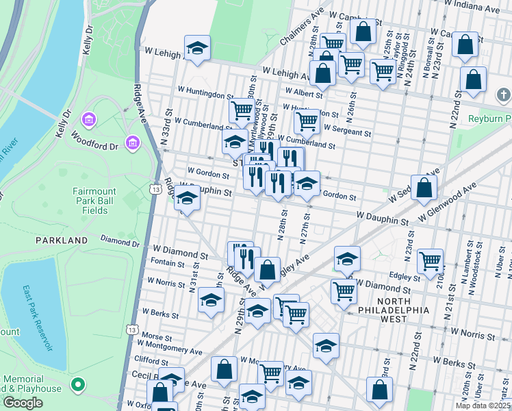 map of restaurants, bars, coffee shops, grocery stores, and more near 2238 North 29th Street in Philadelphia