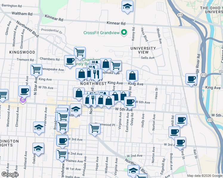 map of restaurants, bars, coffee shops, grocery stores, and more near 1196 West 6th Avenue in Columbus