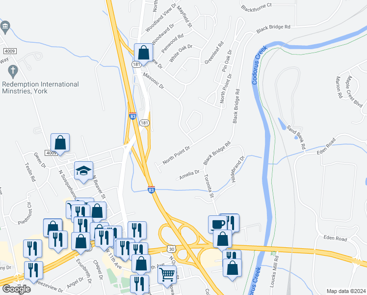 map of restaurants, bars, coffee shops, grocery stores, and more near 2292 North Point Drive in York