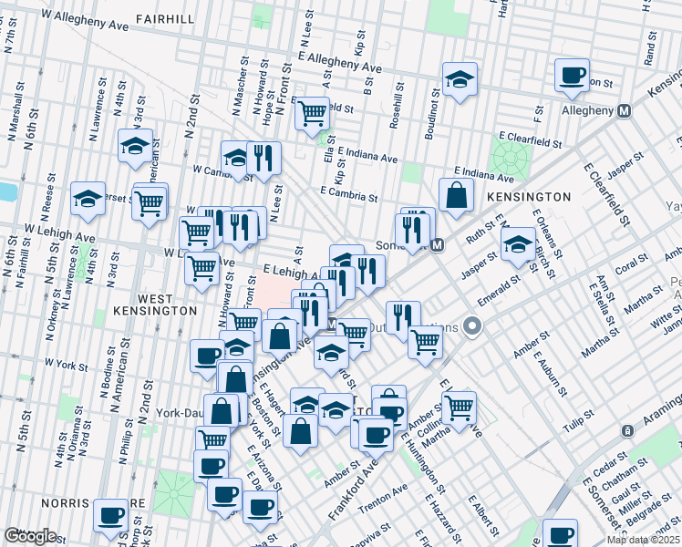 map of restaurants, bars, coffee shops, grocery stores, and more near 301 East Lehigh Avenue in Philadelphia