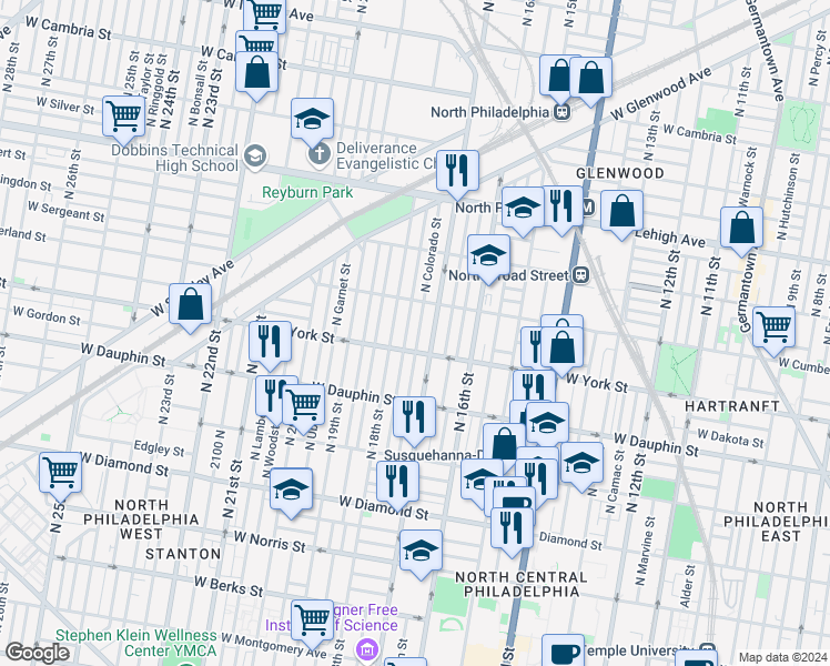 map of restaurants, bars, coffee shops, grocery stores, and more near 2422 North Colorado Street in Philadelphia