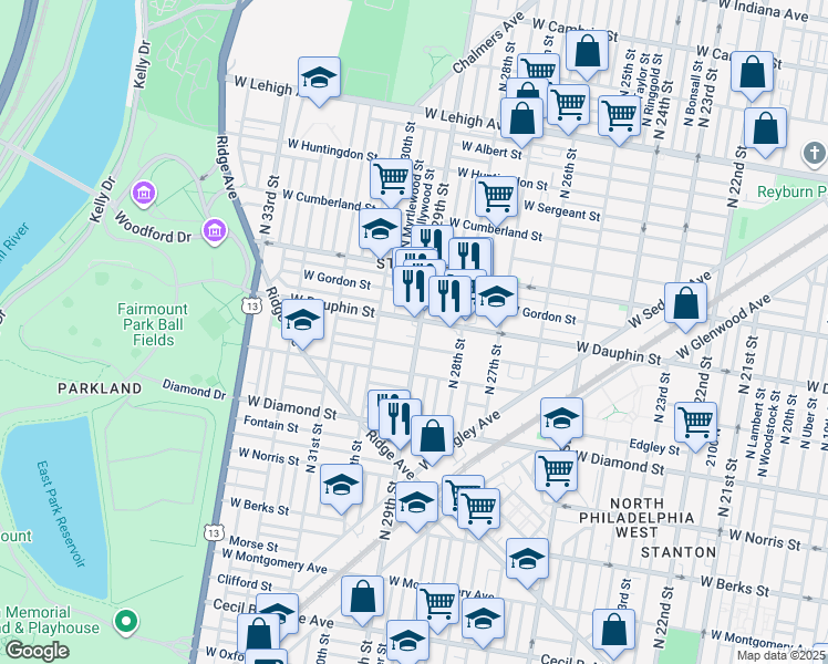 map of restaurants, bars, coffee shops, grocery stores, and more near 2238 North 29th Street in Philadelphia