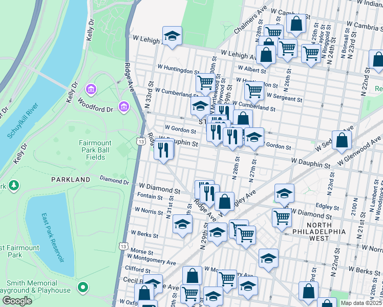 map of restaurants, bars, coffee shops, grocery stores, and more near 3009 West Fletcher Street in Philadelphia