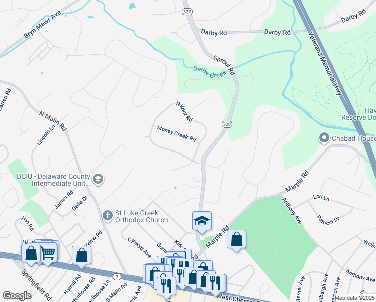 map of restaurants, bars, coffee shops, grocery stores, and more near 2709 South Kent Road in Broomall