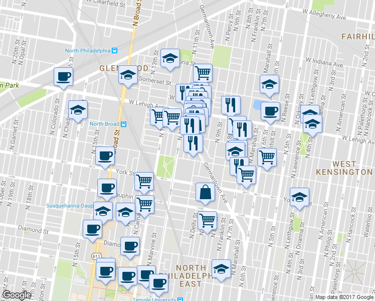 map of restaurants, bars, coffee shops, grocery stores, and more near 2516 North Alder Street in Philadelphia