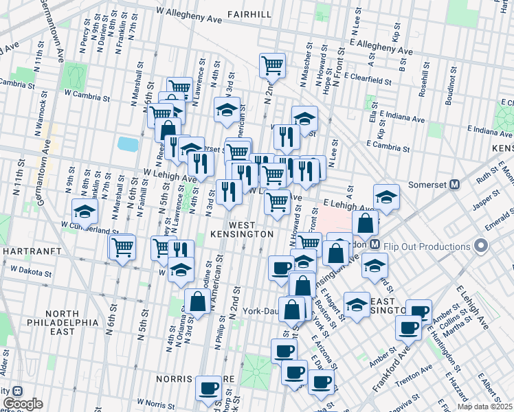 map of restaurants, bars, coffee shops, grocery stores, and more near 2648 North Palethorp Street in Philadelphia
