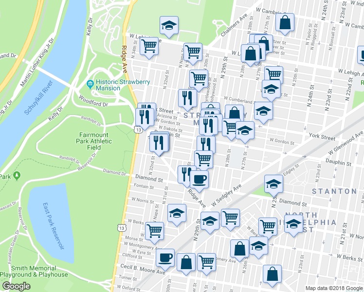 map of restaurants, bars, coffee shops, grocery stores, and more near 3019 West Fletcher Street in Philadelphia