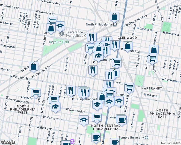 map of restaurants, bars, coffee shops, grocery stores, and more near 2435 North Chadwick Street in Philadelphia