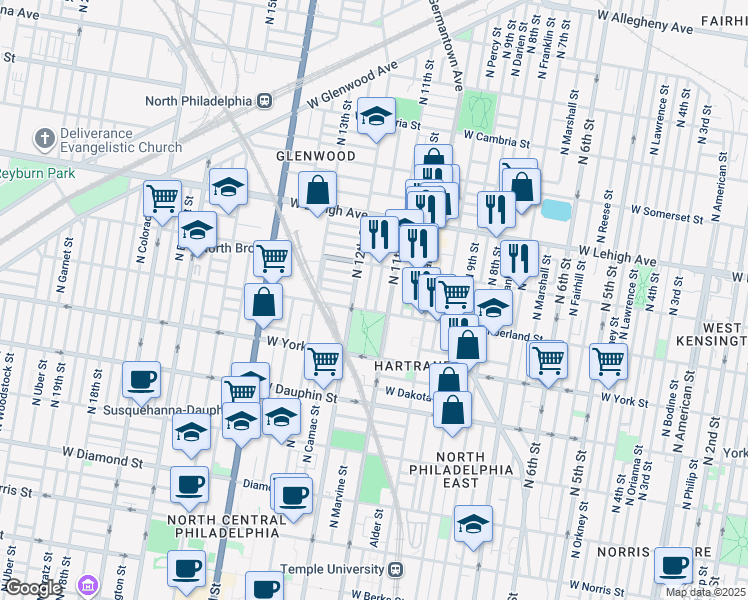 map of restaurants, bars, coffee shops, grocery stores, and more near 2516 North Jessup Street in Philadelphia