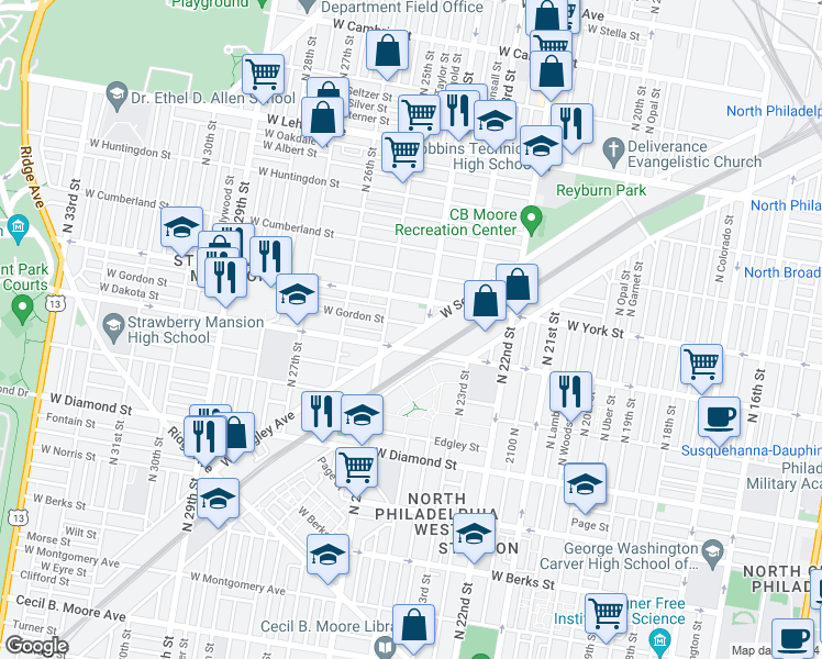 map of restaurants, bars, coffee shops, grocery stores, and more near 2434 West Gordon Street in Philadelphia