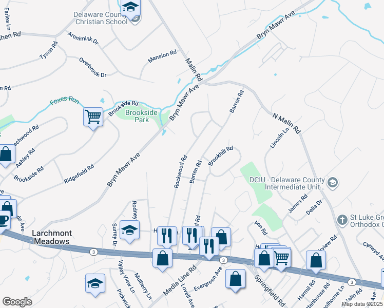 map of restaurants, bars, coffee shops, grocery stores, and more near 117 Rockwood Road in Newtown Square