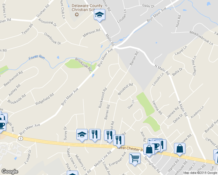 map of restaurants, bars, coffee shops, grocery stores, and more near 117 Rockwood Road in Newtown Square