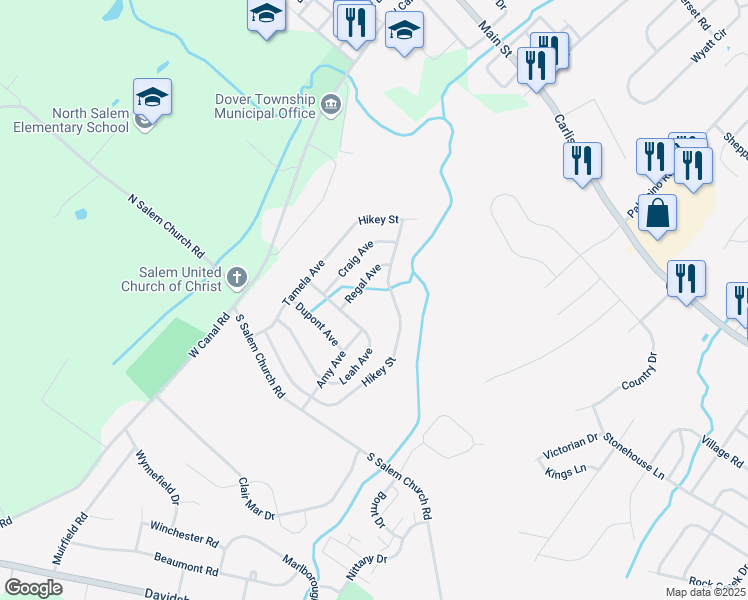 map of restaurants, bars, coffee shops, grocery stores, and more near 4549 Hikey Street in Dover