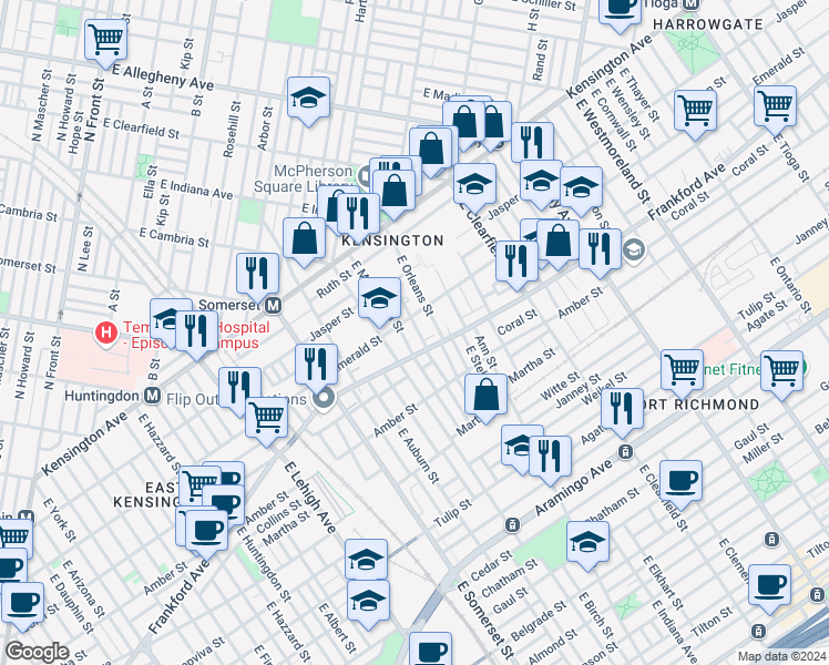 map of restaurants, bars, coffee shops, grocery stores, and more near 2018 East Birch Street in Philadelphia