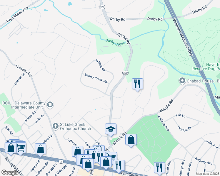 map of restaurants, bars, coffee shops, grocery stores, and more near 302 Fox Lane in Broomall