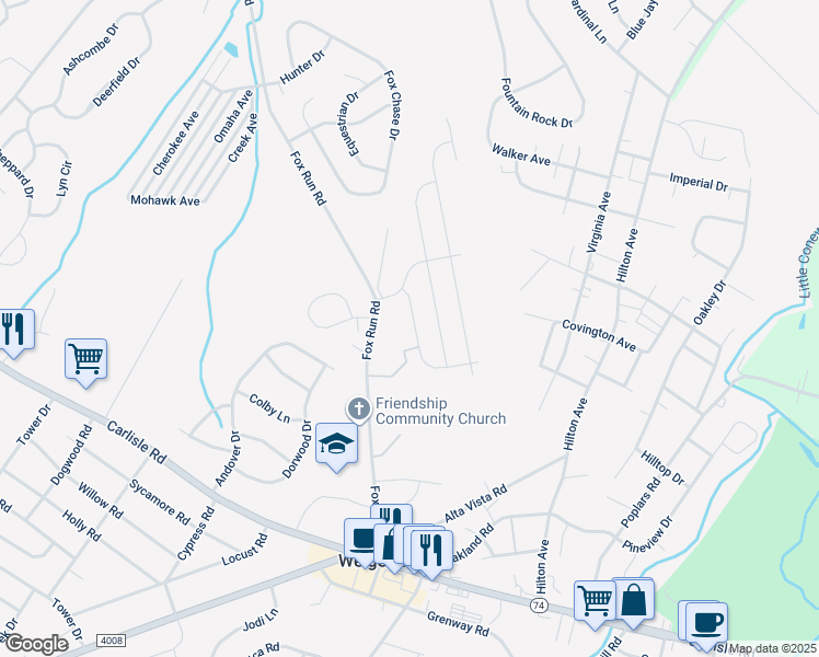 map of restaurants, bars, coffee shops, grocery stores, and more near 3200 Pebble Run Drive in Dover