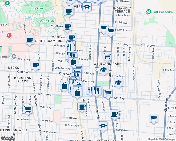 map of restaurants, bars, coffee shops, grocery stores, and more near 1371 Indianola Avenue in Columbus