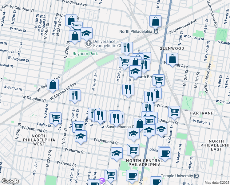 map of restaurants, bars, coffee shops, grocery stores, and more near 2424 North Colorado Street in Philadelphia