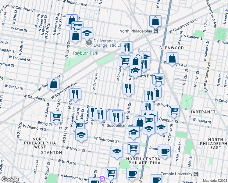 map of restaurants, bars, coffee shops, grocery stores, and more near 2425 North Bouvier Street in Philadelphia