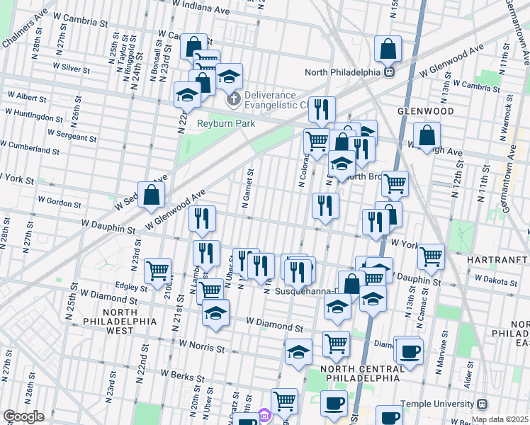map of restaurants, bars, coffee shops, grocery stores, and more near 2415 North Gratz Street in Philadelphia