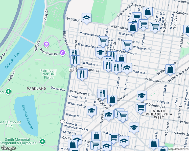 map of restaurants, bars, coffee shops, grocery stores, and more near 3019 West Fletcher Street in Philadelphia