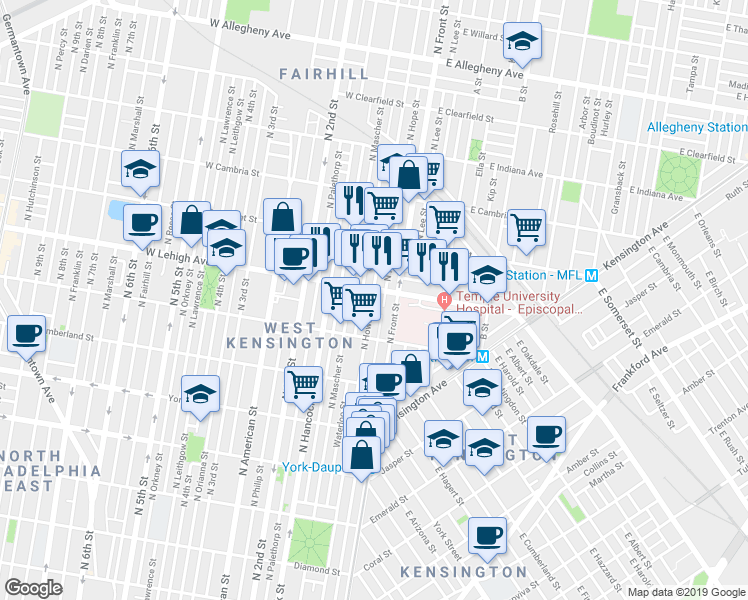map of restaurants, bars, coffee shops, grocery stores, and more near 2639 North Howard Street in Philadelphia