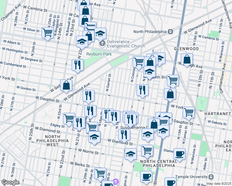 map of restaurants, bars, coffee shops, grocery stores, and more near 2415 North Gratz Street in Philadelphia