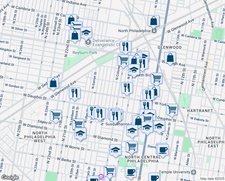 map of restaurants, bars, coffee shops, grocery stores, and more near 2425 North Bouvier Street in Philadelphia