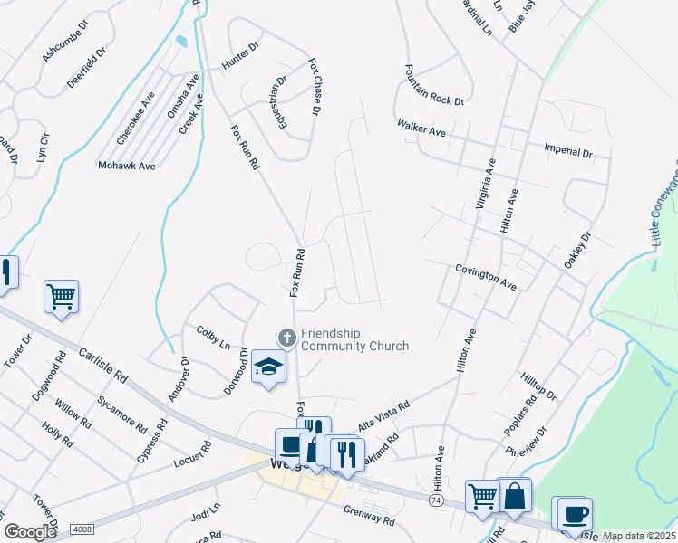 map of restaurants, bars, coffee shops, grocery stores, and more near 3215 Pebble Run Drive in Dover
