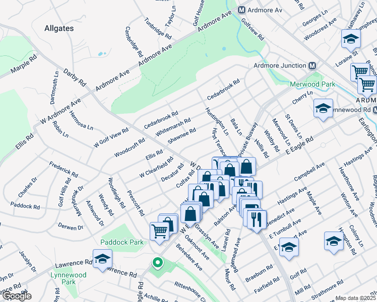 map of restaurants, bars, coffee shops, grocery stores, and more near 1 East Clearfield Road in Havertown