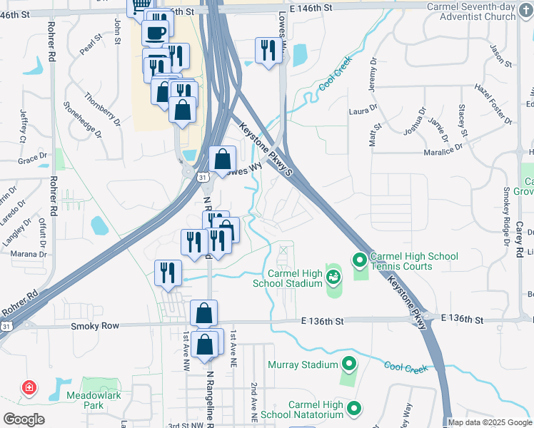 map of restaurants, bars, coffee shops, grocery stores, and more near 124 Trail View Drive in Carmel