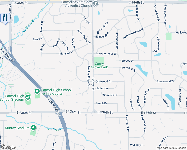 map of restaurants, bars, coffee shops, grocery stores, and more near 14001 Carey Road in Carmel