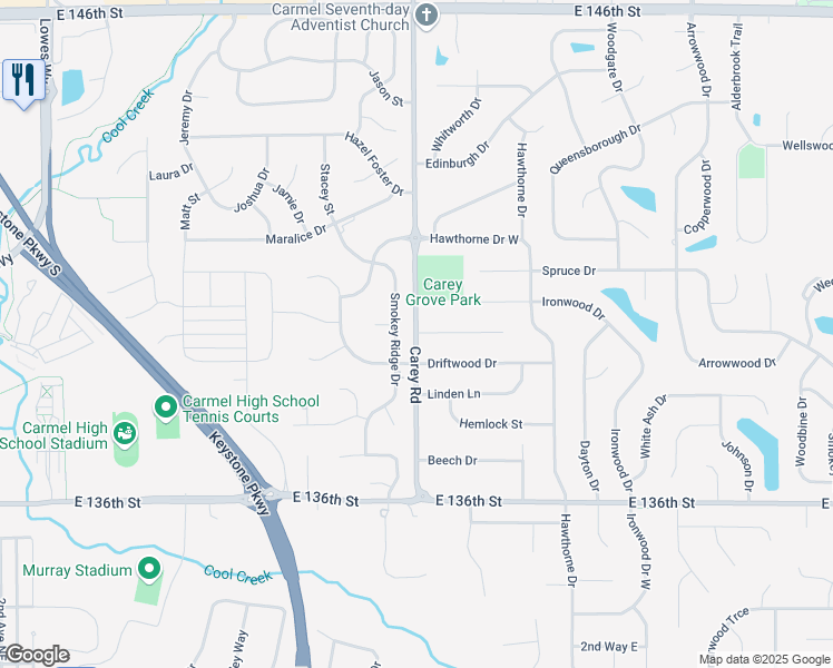 map of restaurants, bars, coffee shops, grocery stores, and more near 14001 Carey Road in Carmel