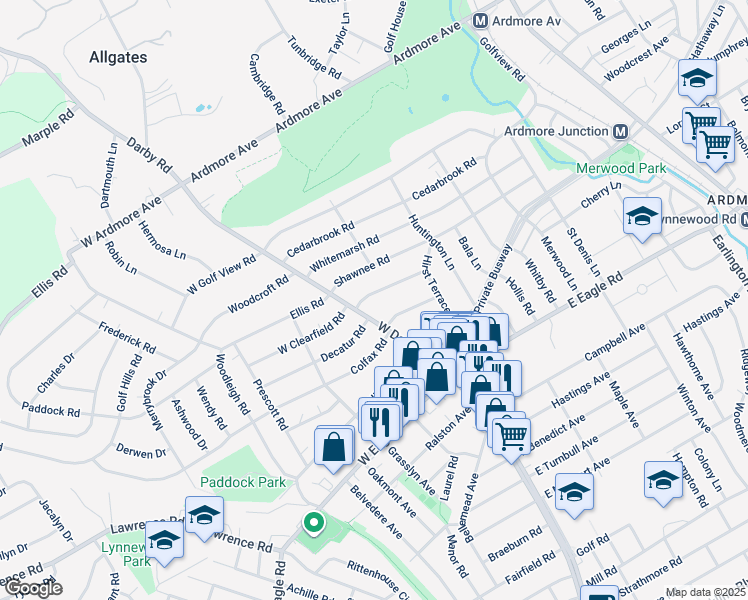map of restaurants, bars, coffee shops, grocery stores, and more near 1 East Clearfield Road in Havertown