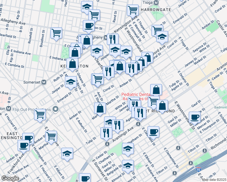 map of restaurants, bars, coffee shops, grocery stores, and more near 3065 Amber Street in Philadelphia