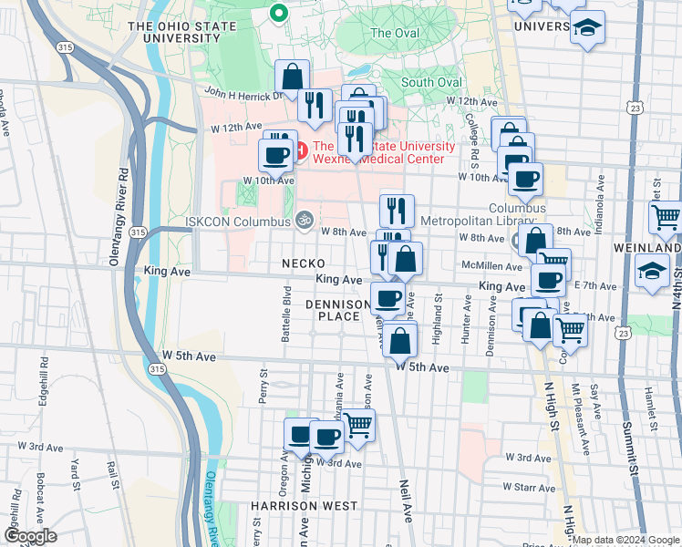 map of restaurants, bars, coffee shops, grocery stores, and more near 332 King Avenue in Columbus