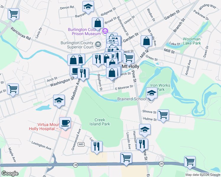 map of restaurants, bars, coffee shops, grocery stores, and more near 16 West Monroe Street in Mount Holly