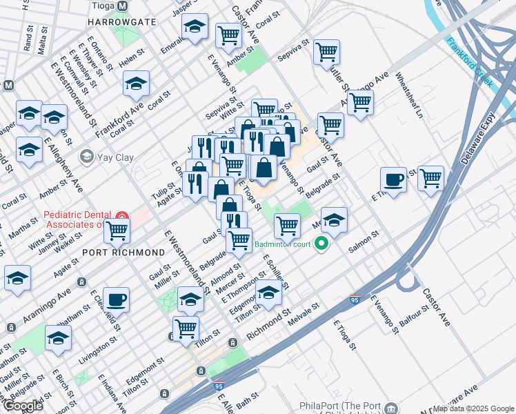 map of restaurants, bars, coffee shops, grocery stores, and more near 3469 Belgrade Street in Philadelphia