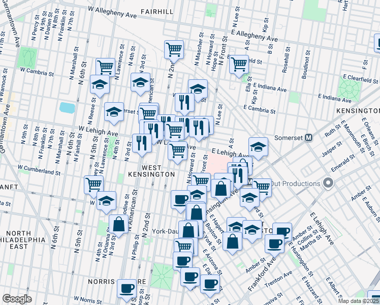 map of restaurants, bars, coffee shops, grocery stores, and more near 2659 Waterloo Street in Philadelphia