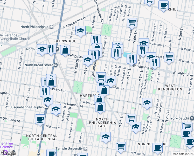 map of restaurants, bars, coffee shops, grocery stores, and more near 2501 Germantown Avenue in Philadelphia