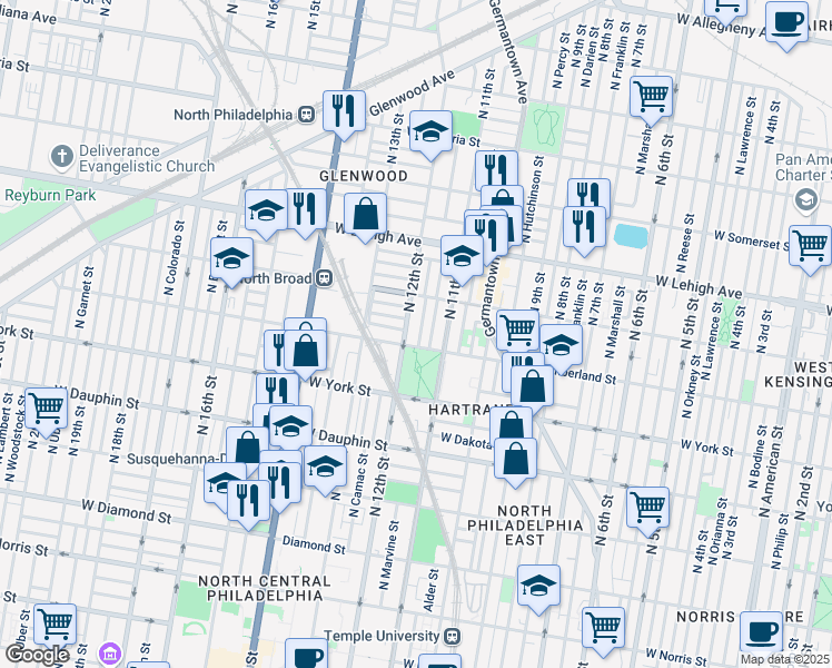 map of restaurants, bars, coffee shops, grocery stores, and more near 2460 North 12th Street in Philadelphia