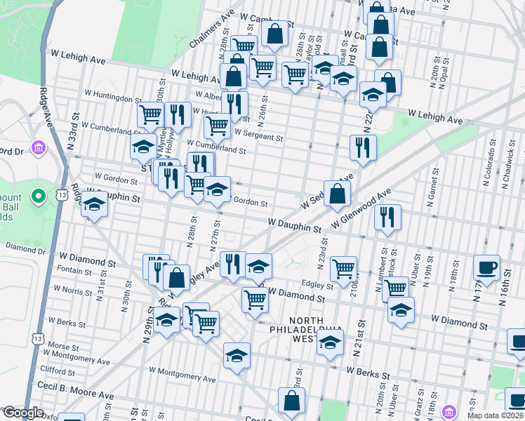 map of restaurants, bars, coffee shops, grocery stores, and more near 2200 North 25th Street in Philadelphia