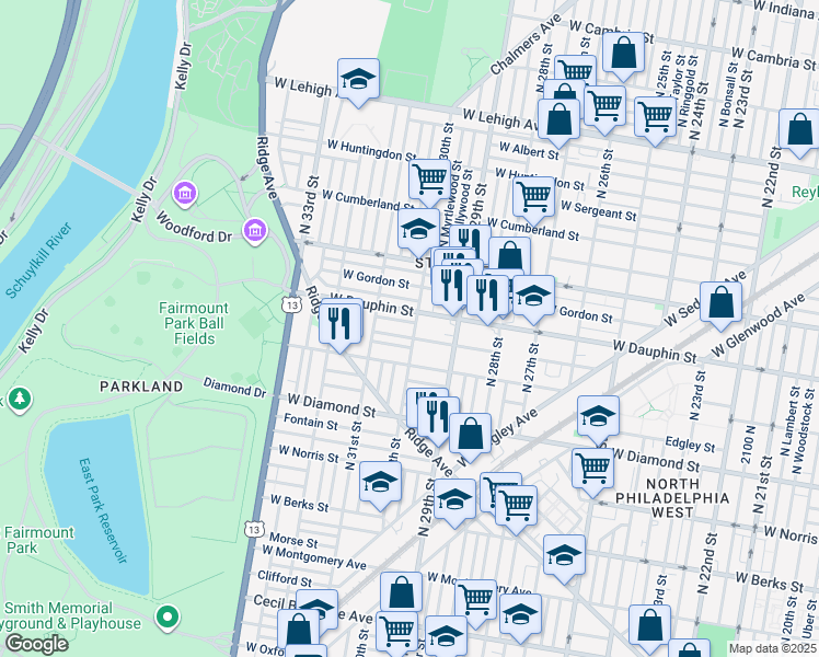 map of restaurants, bars, coffee shops, grocery stores, and more near 2238 North 30th Street in Philadelphia