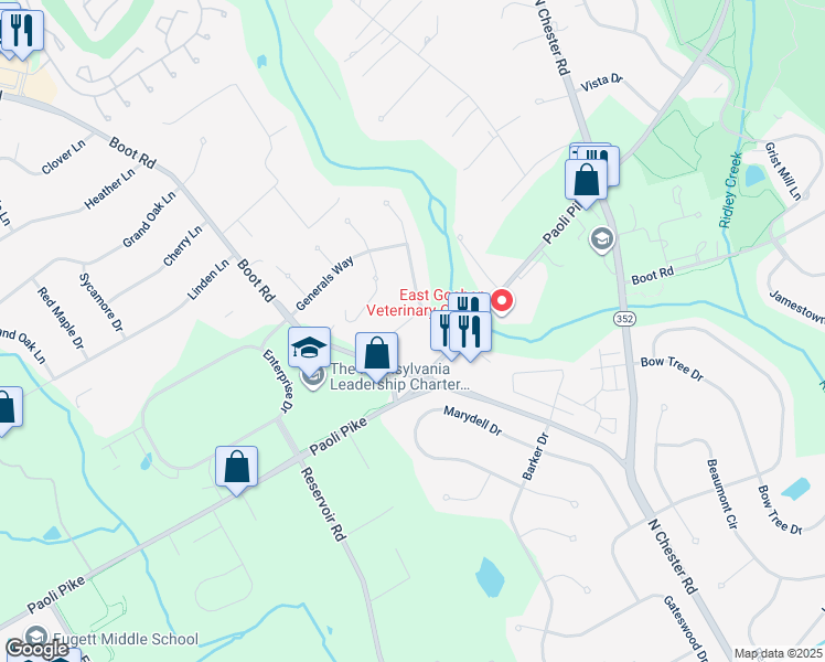map of restaurants, bars, coffee shops, grocery stores, and more near 1512 Von Steuben Drive in West Chester