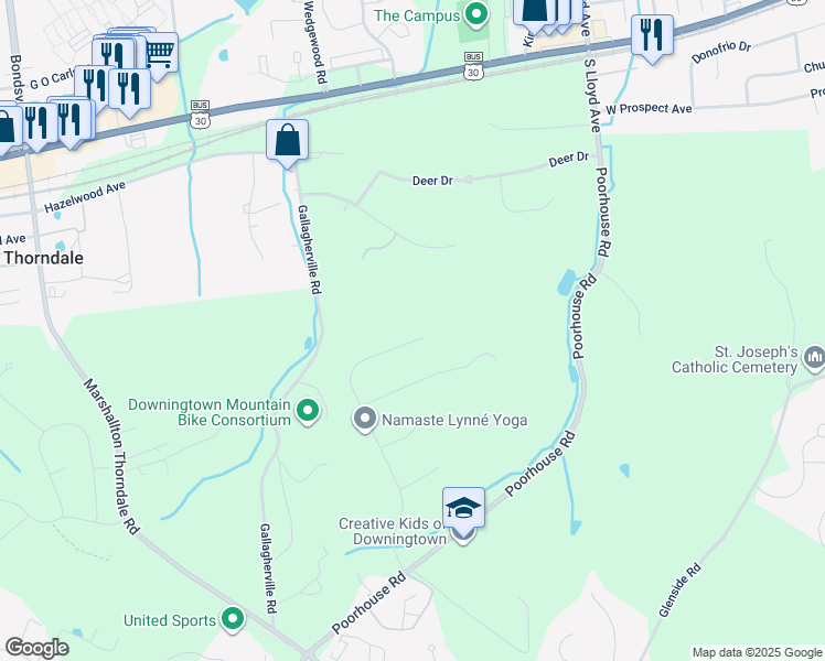 map of restaurants, bars, coffee shops, grocery stores, and more near 1510 Federal Drive in Downingtown