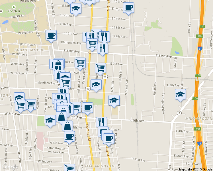 map of restaurants, bars, coffee shops, grocery stores, and more near 238 1/2 East 7th Avenue in Columbus