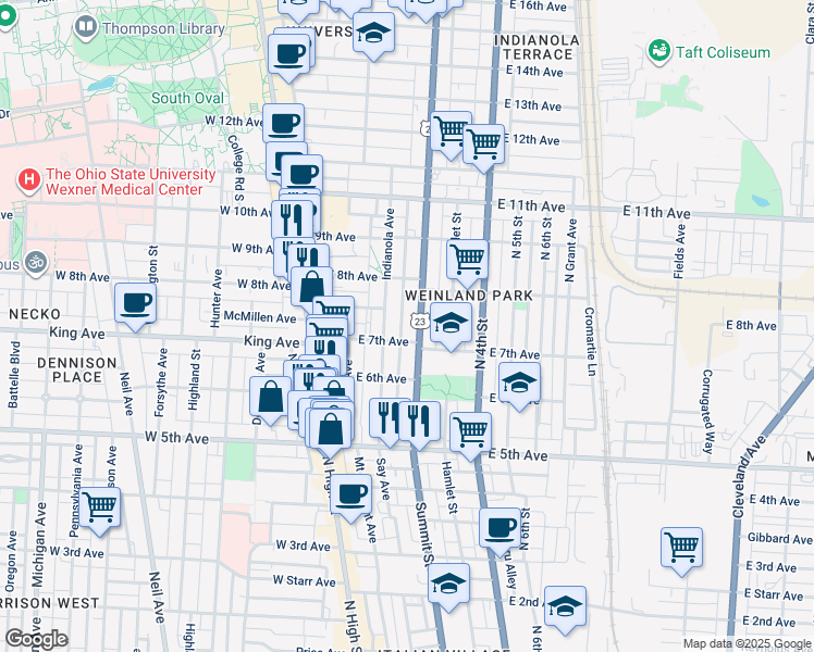 map of restaurants, bars, coffee shops, grocery stores, and more near 29 Frances Place in Columbus