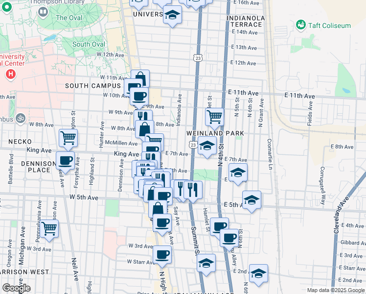 map of restaurants, bars, coffee shops, grocery stores, and more near 29 Frances Place in Columbus